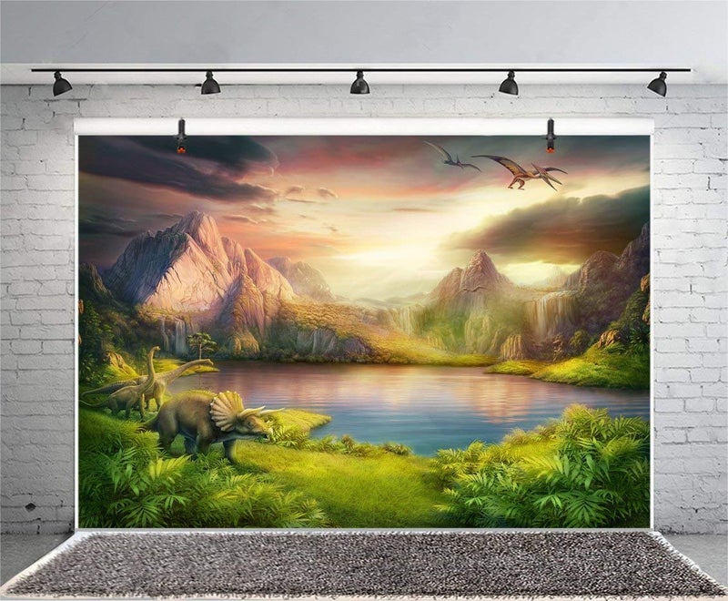 LFEEY Vinyl 7x5ft Dinosaurs Theme Backdrops for Photography Boy Birthday Party Dinosaurs World Mesozoic Forest Mountains Lake Trees Photography Background Kids Baby Shower Portrait Photo Booth Prop - Image 4